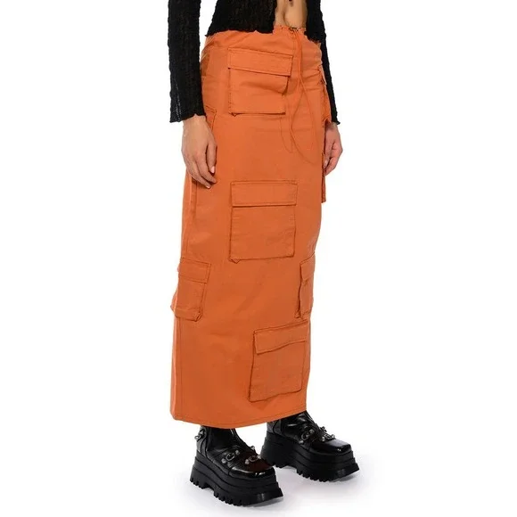 Akira Y3K Utility Chic Guardian Cargo Maxi Skirt S Orange String Elastic Waist - Picture 2 of 11